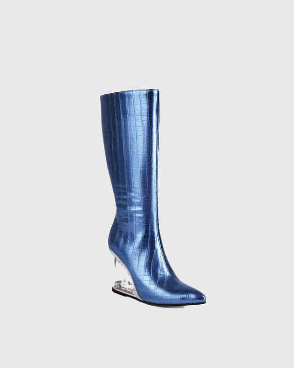 Antonia Wolf Tooth Crocodile Print Knee High Boots In Blue