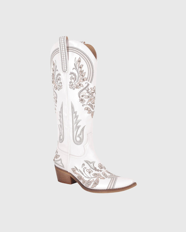 Armina Embroidery  Leather Knee High Boots In White