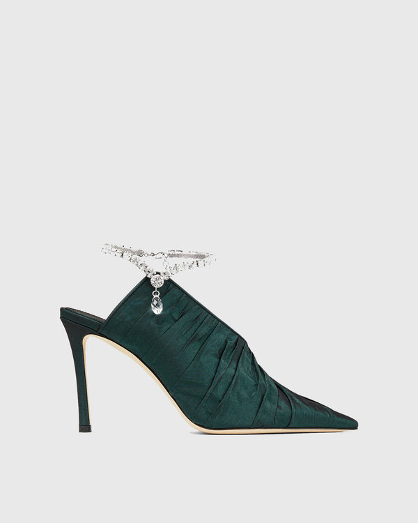 Aura Ruched Rhinestone Strap Pumps In Green