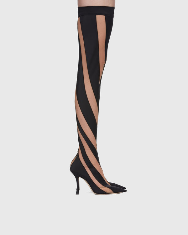 Lorenza Stripe Mesh Over The Knee Boots In Black