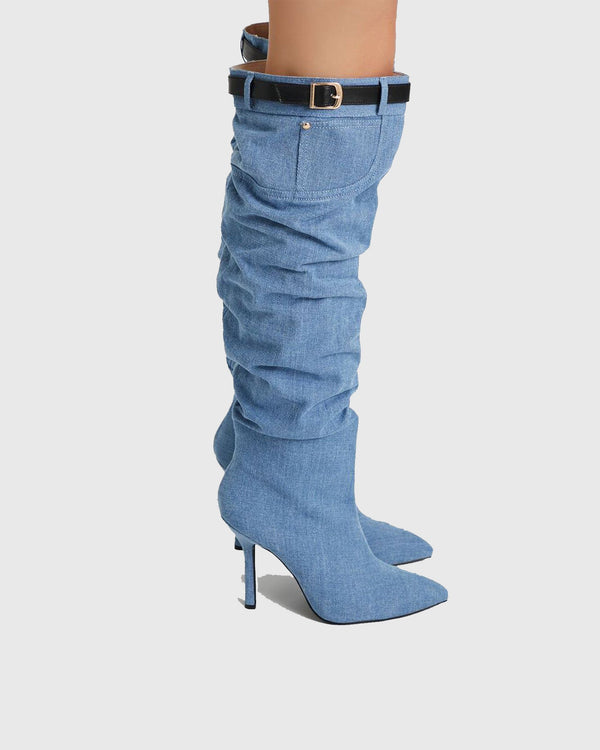 Gaetana Buckle Denim Cowboy Knee High Boots