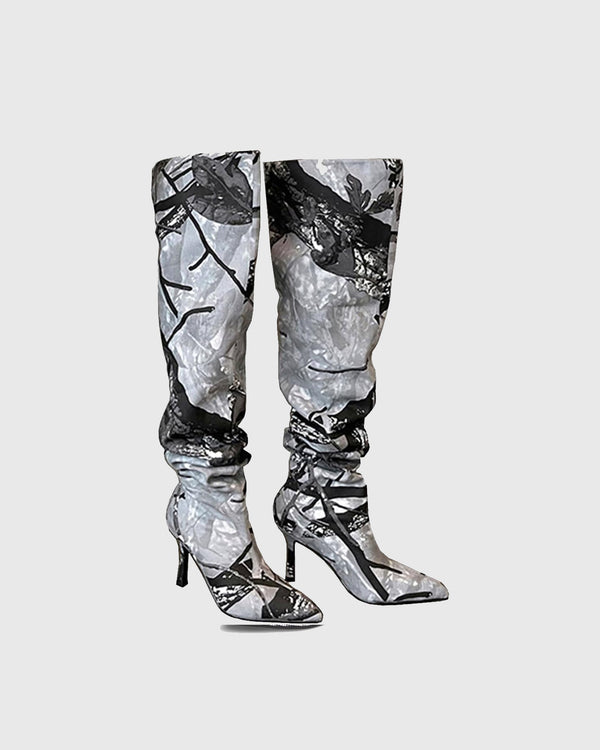 Buona Camouflage Print Denim Knee High Boots