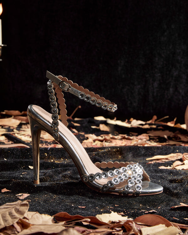 Cameo Rhinestone Embellished PVC Strap Sandals In Silver