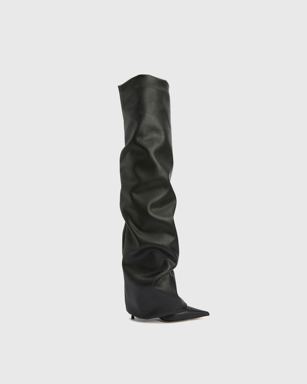 Caterina Ruched Leather Over The Knee Boots In Black