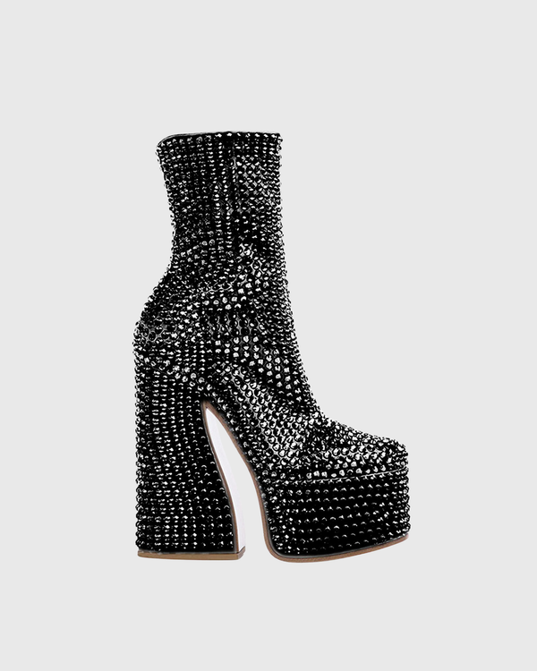 Cecilia Rhinestone Embellished Platform Mid Calf Boots In Black