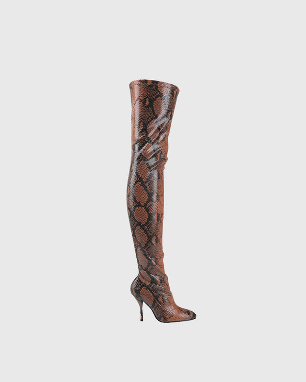 Clara Snake Print Over The Knee Boots In Brown