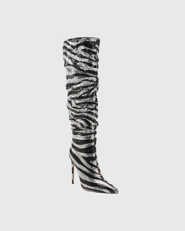 Claretta Zebra Print Ruch Knee High Boots