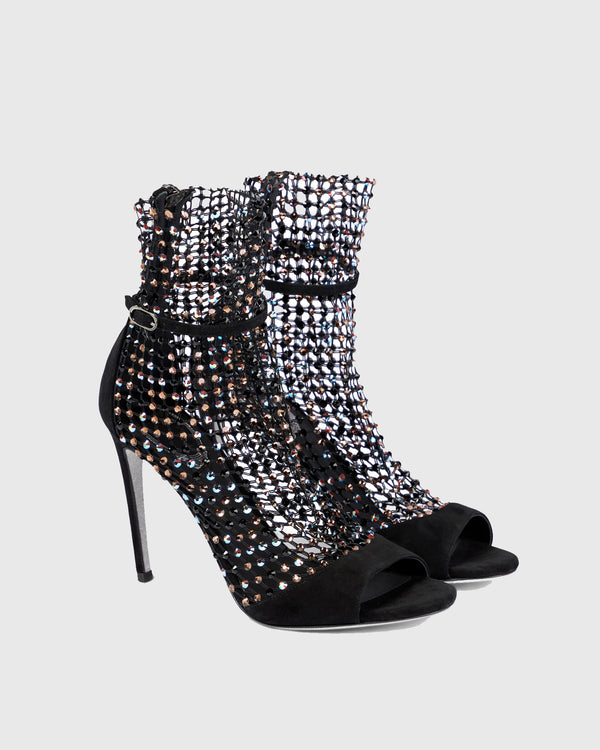 Cloe Rhinestone Embellished Fishnet Sandals In Black