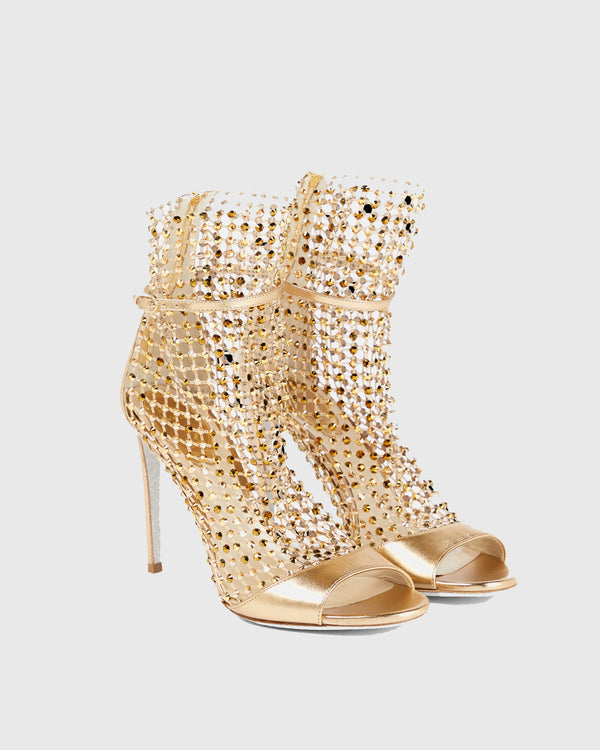 Cloe Rhinestone Embellished Fishnet Sandals In Gold