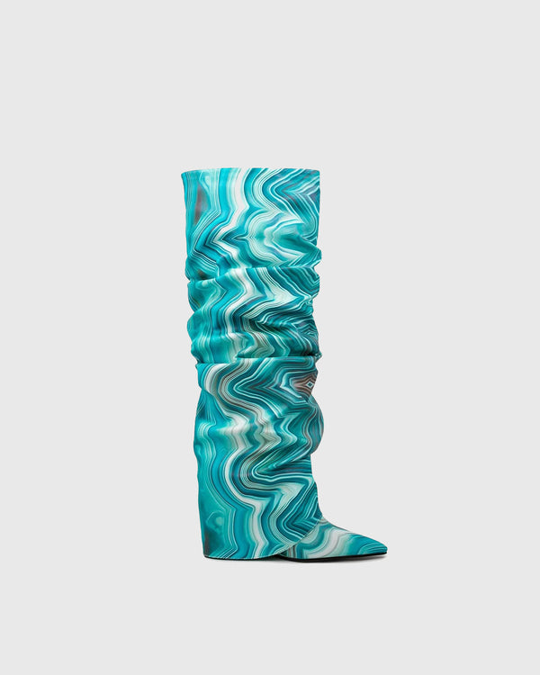 Corinna Stripe Ruched Knee High Boots In Blue