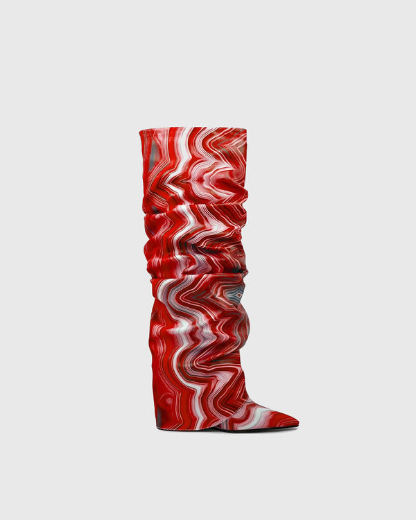 Corinna Stripe Ruched Knee High Boots In Red