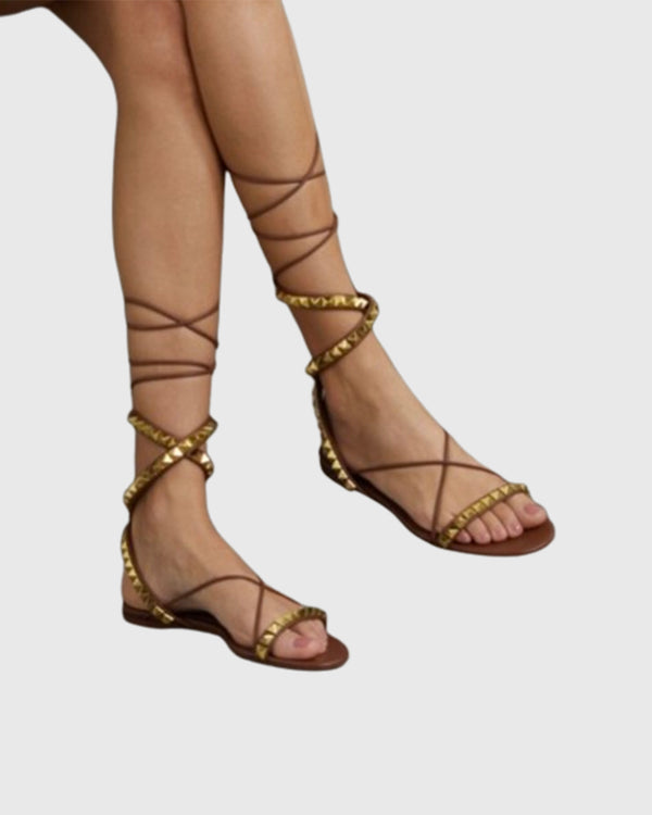 Corona Rivet Embellished Lace Up Sandals In Brown