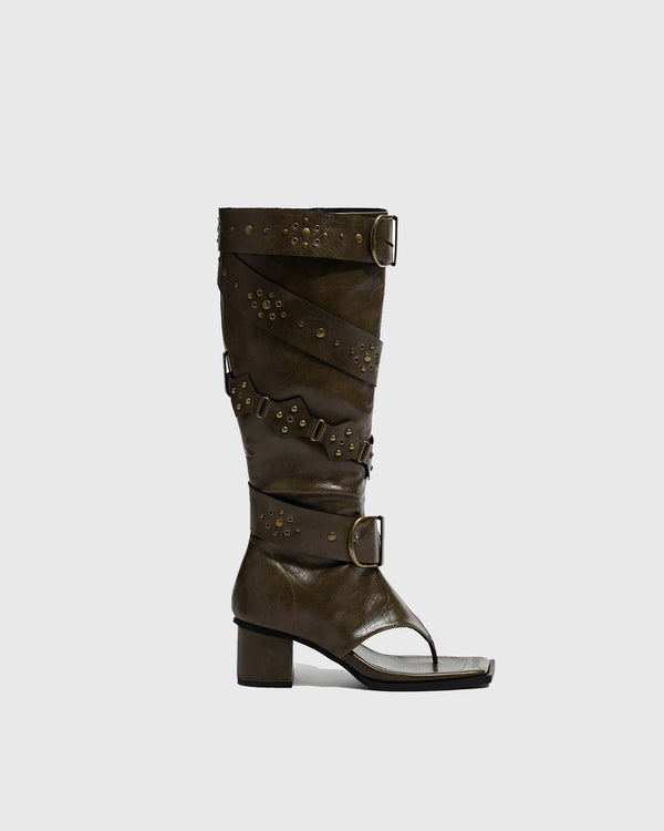 Crocetta Thong Buckle Knee High Boots In Brown