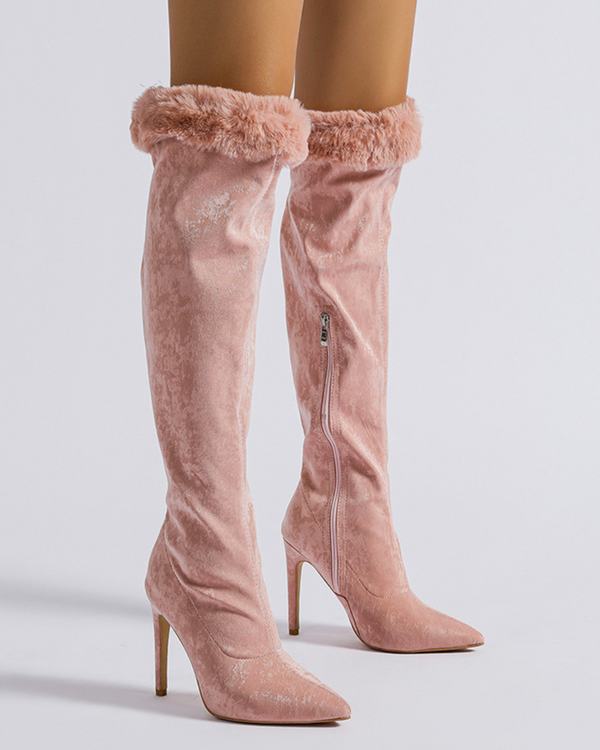 Darla Velvet Knee High Boots In Pink