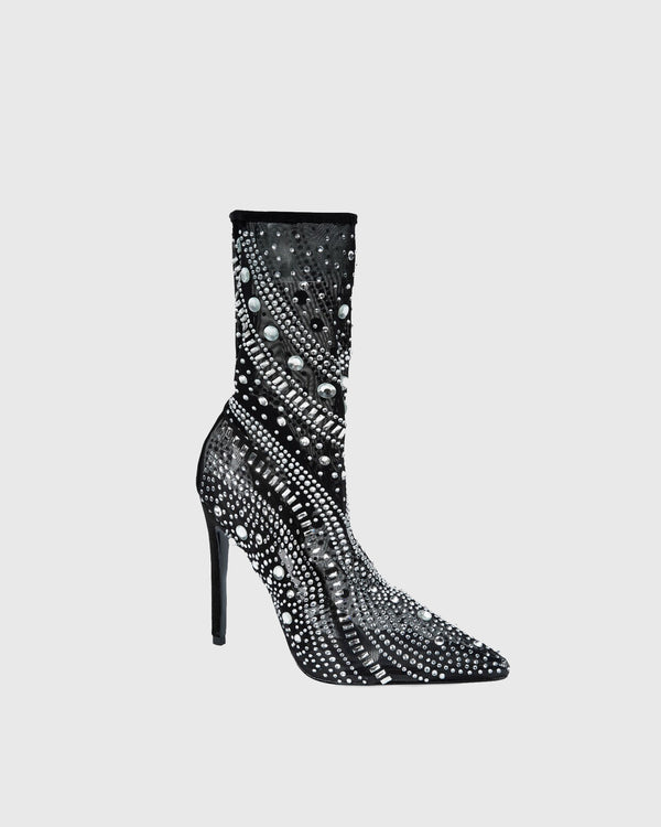 Delfina Rhinestone Embellished Mesh Mid Calf Boots In Black