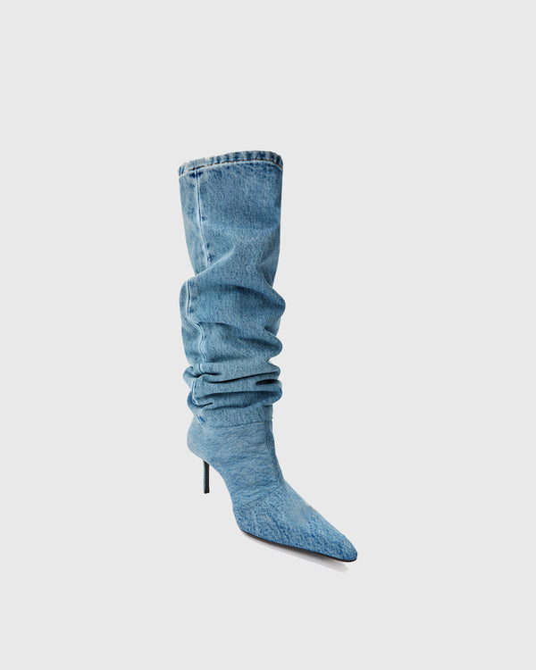 Delia Ruched Denim Cowboy Knee High Boots