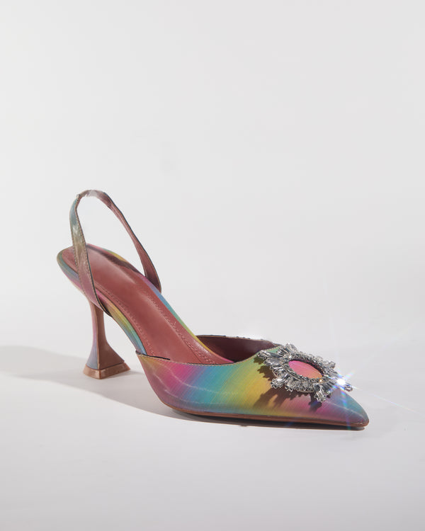 Desideria Rhinestone Slingback Flared Heels In Rainbow