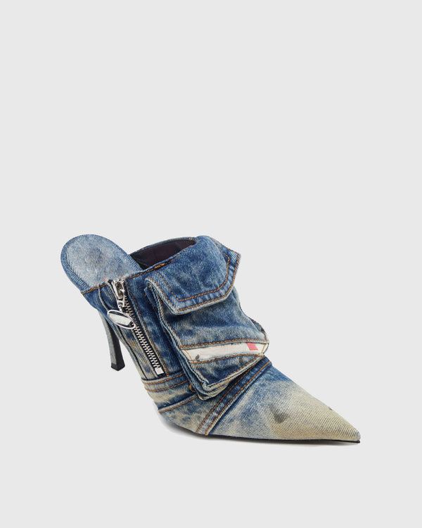 Diletta Pocket Denim Cowboy Mules In Blue