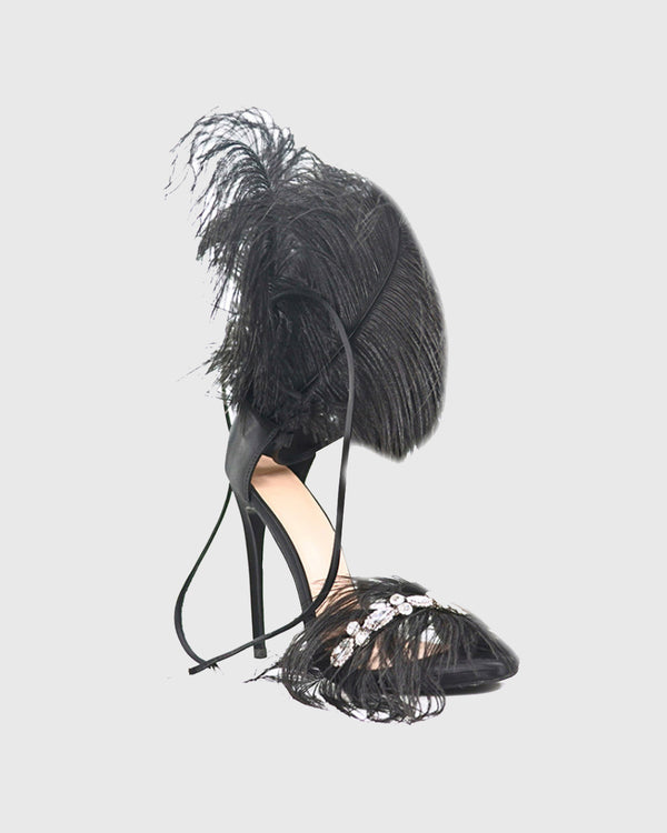 Dina Rhinestone Feather Lace up Sandals In Black