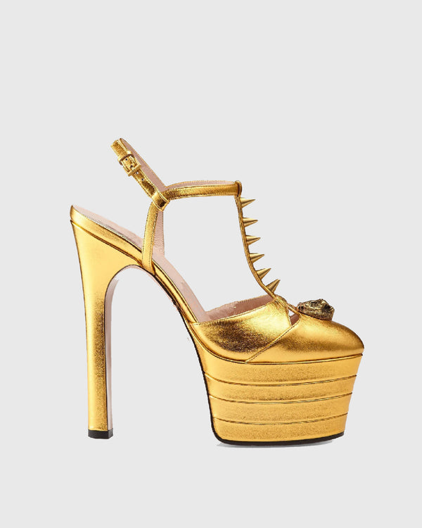 Dionisia Rivet Embellished Strap Platform Heels In Gold