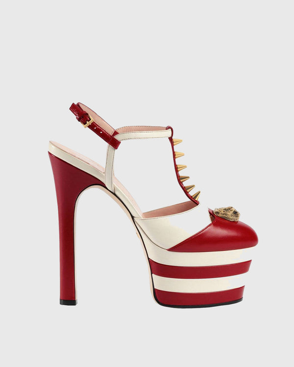 Dionisia Vintage Stripe Rivet  Strap Platform Heels In Red