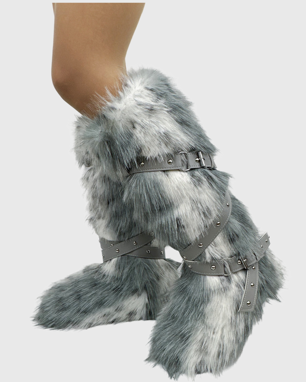 Dora Faux Fur Buckle Strap Knee High Boots In Grey