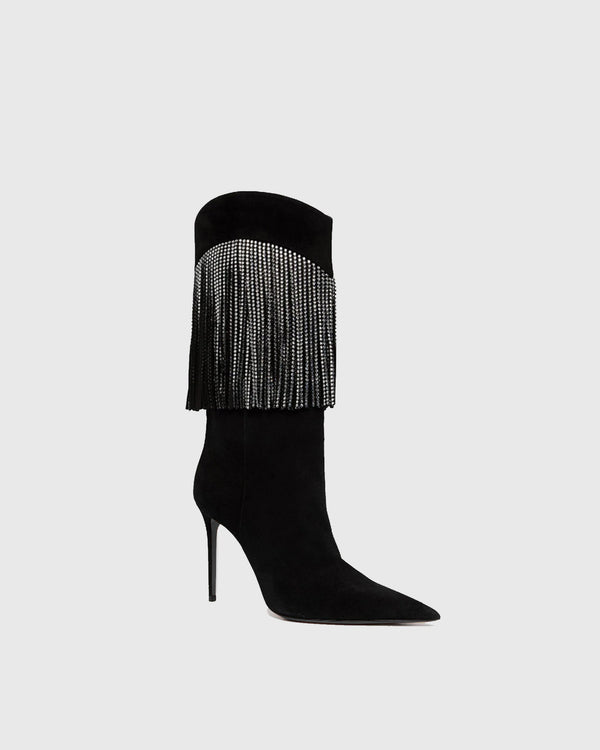 Edetta Rhinestone Fringe Velvet  Mid Calf Boots