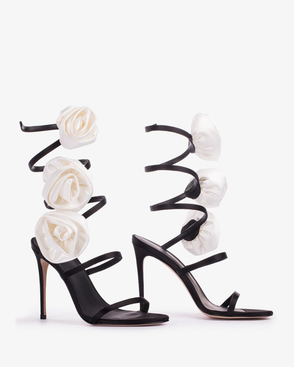 Elisa Flower Embellished Satin Snake Sandals