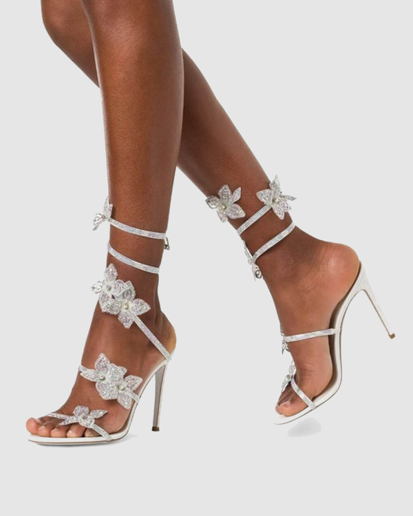 Elisa Flower Embellished Snake Sandals In White