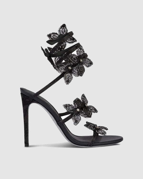 Elisa Flower Embellished Snake Sandals In Black