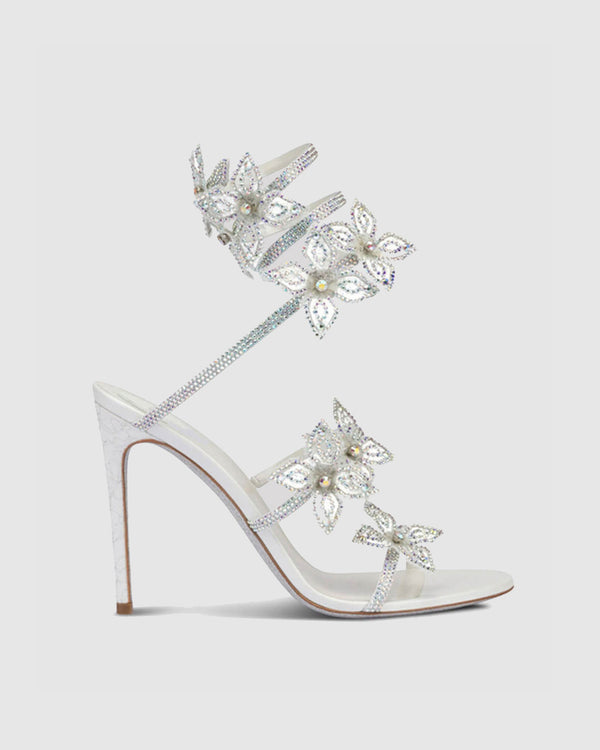 Elisa Flower Embellished Snake Sandals In White