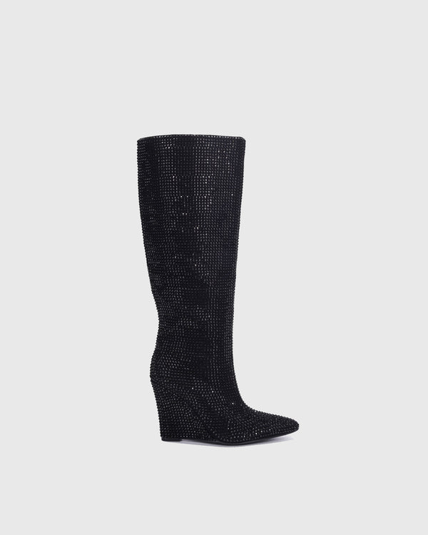 Enrica Rhinestone Embellished Wedge Knee High Boots In Black