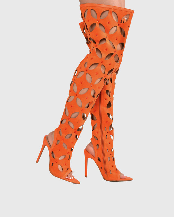 Erica Rhinestone Cutout Knee High boots In Orange