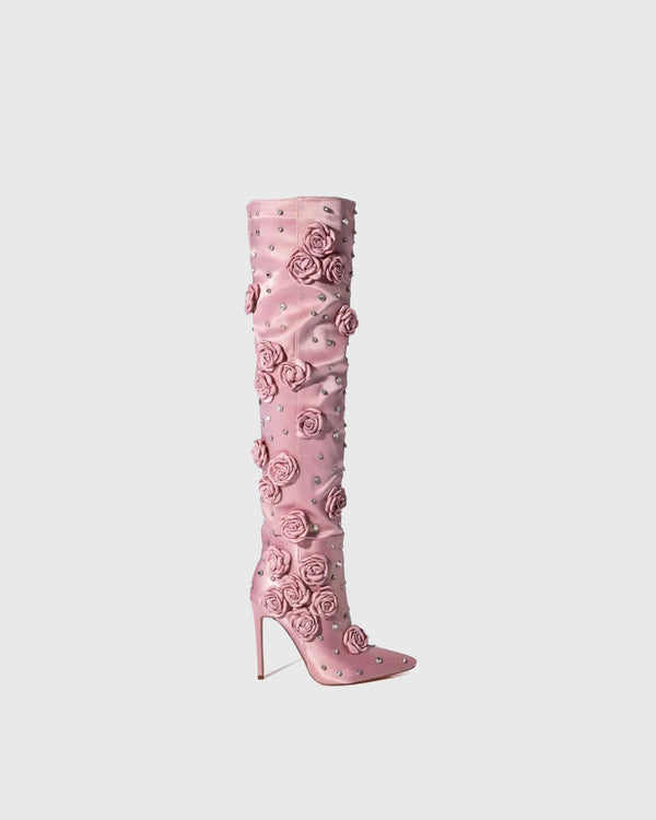 Erika Rhinestone Flower Knee High Boots