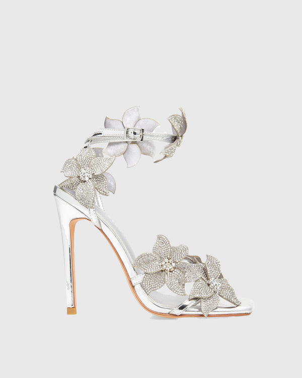 Ester Crystal Flower Strap Sandals In Silver