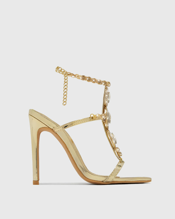 Febe Diamond Ankle Strap Sandals In Gold