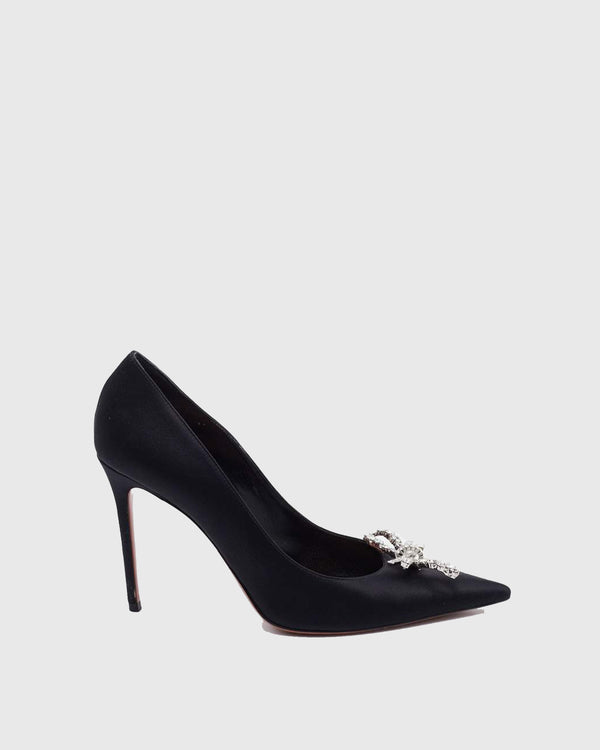 Fedora Crystal Bow Satin Pumps In Black