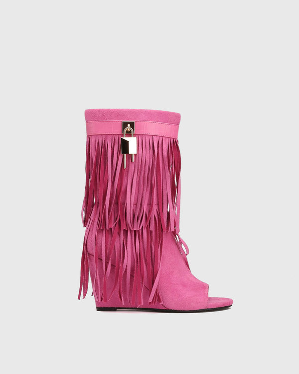 Fella Fringe Open Toe Ankle Boots In Pink