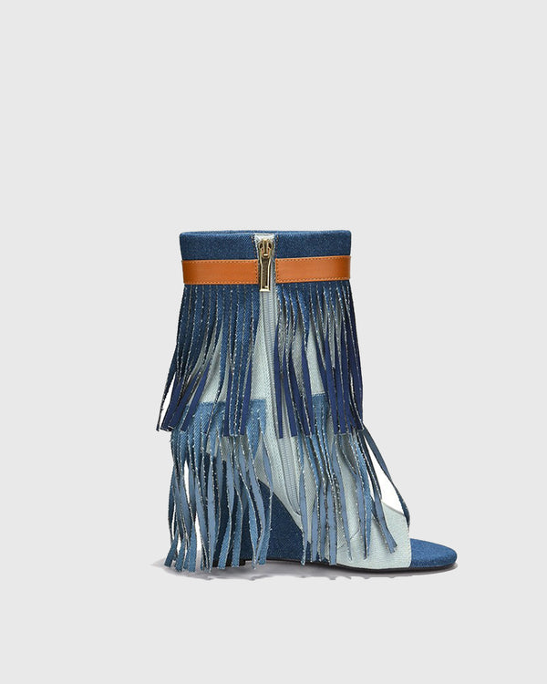 Fella Fringe Open Toe Cowboy Ankle Boots In Blue