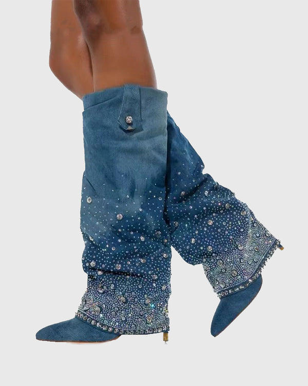 Flavia Rhinestone Denim Cowboy Knee High Boots