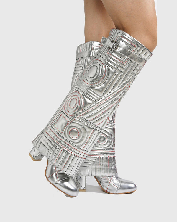 Flora Embroidery Knee High Boots In Silver