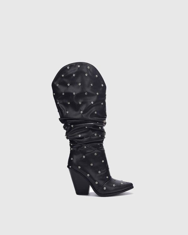 Gaia Rhinestone Ruched Knee High Boots In Black