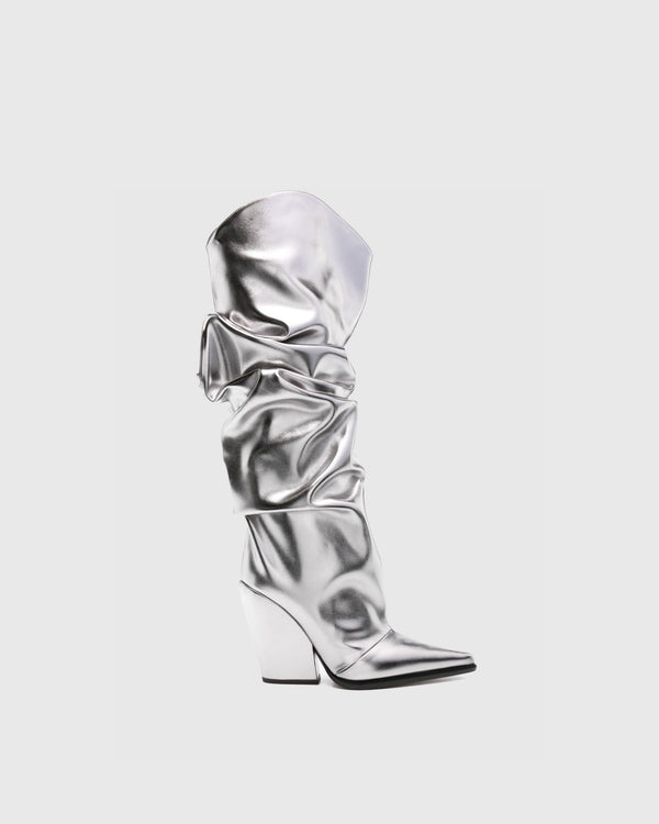 Gaia Ruched Metallic Knee High Boots In Silver