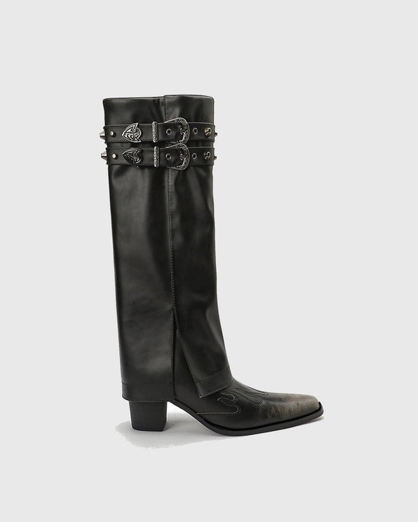 Genoa Buckle Leather Cowboy Knee High Boots