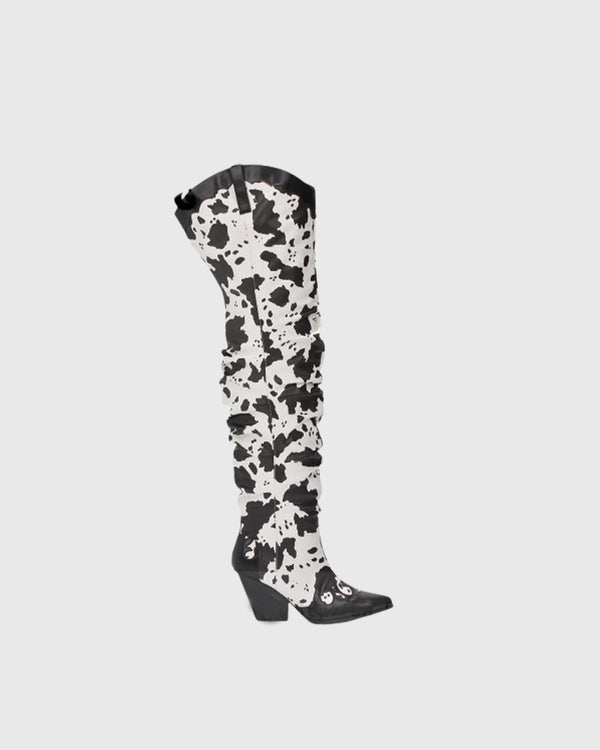 Giada Cow Print Ruched Knee High Boots