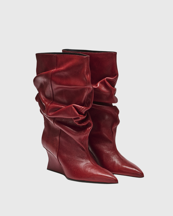 Gisella Ruch Wedge Mid Calf Boots In Wine