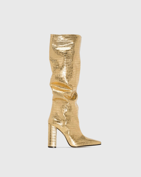 Grazia Crocodile Print Leather Knee High Boots In Gold