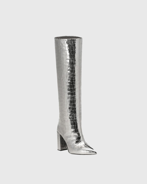 Grazia Crocodile Print Leather Knee High Boots In Silver