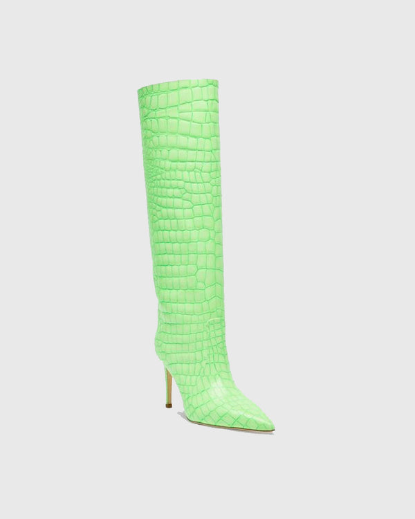 Grazia Crocodile Print Leather Knee High Boots In Green