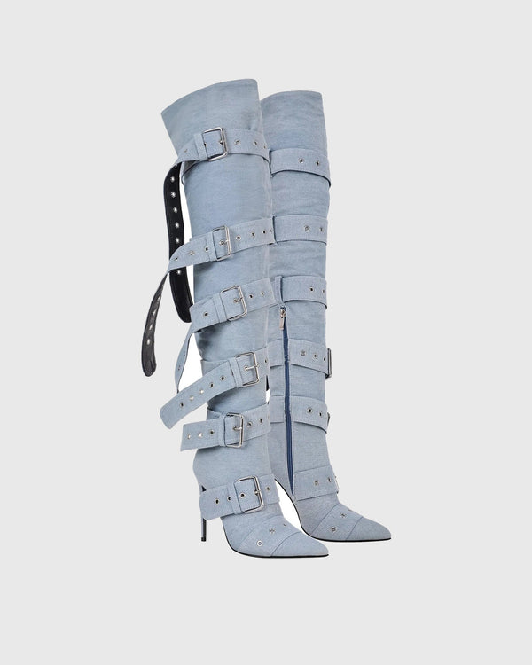 Hagne Buckle Denim Denim Cowboy Knee High Boots